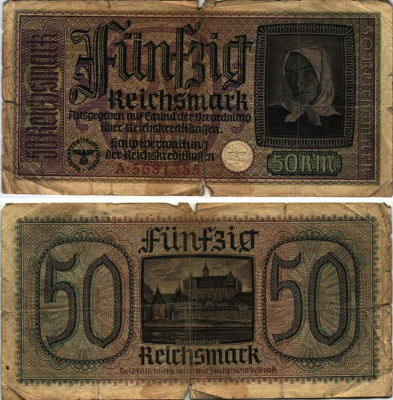 ГЕРМАНИЯ 50 РЕЙХСМАРОК 1940-1945 СЕРИЯ А, ДЛЯ ОККУПИРОВАНЫХ ТЕРРИТОРИЙ, ВТОРАЯ МИРОВАЯ ВОЙНА Pick R140, Розенберг 555а бумага 8615-72-2-2