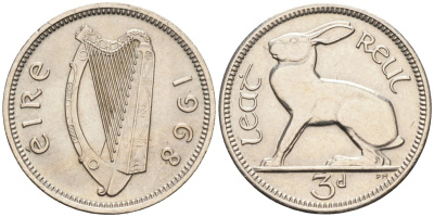 Ирландия 3 пенса 1968 заяц KM 12а медно-никель аUNC 4580-934