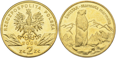 Польша 2 злотых 2006 MW, серия всемирная природа, альпийский сурок KM 534, Parchimowicz 988 нордик UNC 4676-341