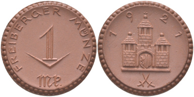 Фрайберг 1 марка 1921 с крестом на центральной башне Men05# 8084.12, Men18# 10080.12 фарфор  UNC  1085-10-15