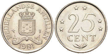 Нидерландские Антилы 25 центов 1981 Беатрикс (1980-2013) KM 11 никель 4588-366