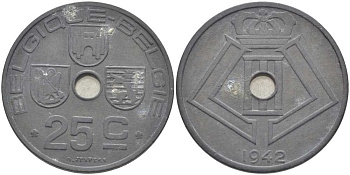 БЕЛЬГИЯ 25 САНТИМОВ 1942 BELGIQUE-BELGIE, ГЕРМАНСКАЯ ОККУПАЦИЯ, ВТОРАЯ МИРОВАЯ ВОЙНА, ЛЕОПОЛЬД III (1934-1950) KM 131 цинк 119-354