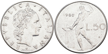 Италия 50 лир 1980 R, Бог огня Вулкан у наковальни KM 95.1 нержавеющая сталь 4529-312