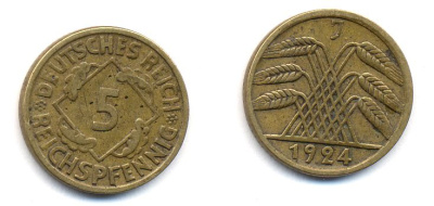 ГЕРМАНИЯ 5 РЕЙХСПФЕННИГОВ 1924 J, KM 39, J. 316 алюминиевая бронза 35-353