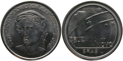 Бразилия 1 крузадо 1989 100 лет Республике KM 615 нержавеющая сталь 4565-215