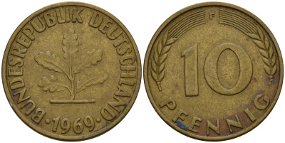 ФРГ 10 пфеннигов 1969 F J. 383, KM 108 сталь плакированная латунью    4603-335