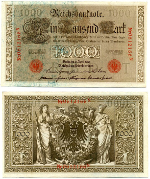 Германия 1000 Марок 1910 21 апреля 1910, Буква T, номер семизначный, серия N, Выпуск (09.1922) Pick 44b, Розенберг 45с бумага 8618-25-1-1