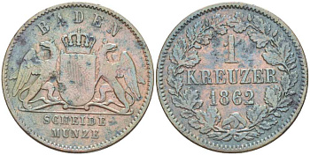 Баден 1 крейцер 1862 Великий Герцог Фридрих I (1856-1907) КМ 242 медь 117-826