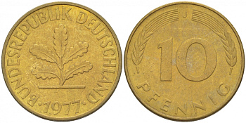 ФРГ 10 ПФЕННИГОВ 1977 J KM 108, J.383 сталь плакированная латунью 3996-634
