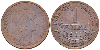 ФРАНЦИЯ 1 САНТИМ 1911 ТРЕТЬЯ РЕСПУБЛИКА (1871-1940) KM 840, LE FRANC 105.13 бронза 201-841