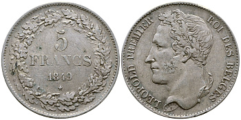 Бельгия 5 франков 1849 Леопольд I (1831-1865), в венке KM 3.2 серебро 74-1025