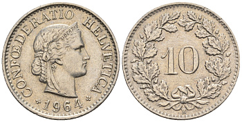 Швейцария 10 раппенов 1964 B KM 27 медно-никель 4609-1017