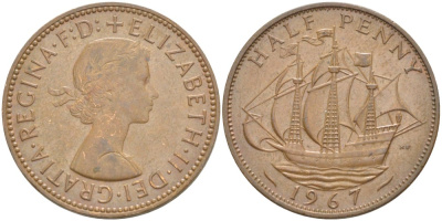 Великобритания 1/2 пенни 1967 Елизавета II (1952-2022) KM 896, Spink 4158 бронза 4544-212