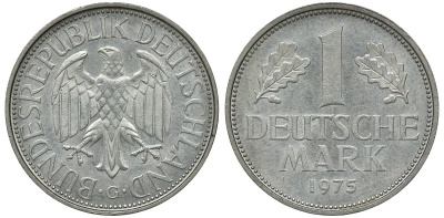 ФРГ 1 МАРКА 1975 G KM 110, J. 385 медно-никель aUNC 72-845