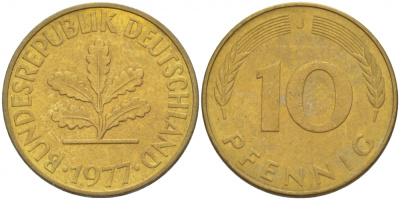 ФРГ 10 ПФЕННИГОВ 1977 J KM 108, J.383 сталь плакированная латунью 3996-634