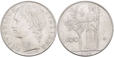 ИТАЛИЯ 100 ЛИР 1959 R, АФИНА У ОЛИВКОВОГО ДЕРЕВА KM 96.1 нержавеющая сталь 4545-624