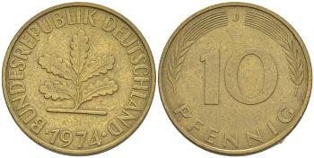 ФРГ 10 ПФЕННИГОВ 1974 J KM 108, J. 383 сталь плакированная латунью 4182-842