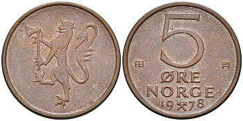 Норвегия 5 эре 1978 Улаф V (1958-1991) KM 415 бронза UNC 4582-545