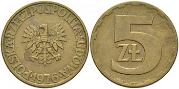 Польша 5 злотых 1976 монетный двор Ленинград (ЛМД) KM 81.1, Parchimowicz 221b латунь 175-1216