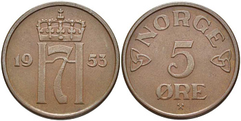 НОРВЕГИЯ 5 ЭРЕ 1953 ЛОСЬ, ХОКОН VII (1905-1957) KM 400 бронза 115-826