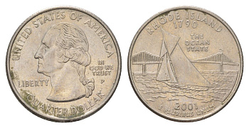 США 25 центов (квотер, 1/4 доллара) 2001 P, Квотер штата Род-Айленд KM 320 медь плакированный медно-никелем UNC 4628-1211