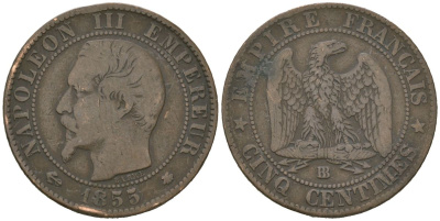 Франция 5 сантимов 1855 BB, Наполеон III (1852-1870) KM 777.3 бронза 113-317