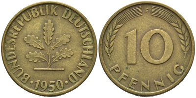ФРГ 10 пфеннигов 1950 F KM 108, J.383 сталь плакированная латунью 4681-1124