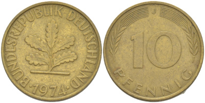 ФРГ 10 ПФЕННИГОВ 1974 J KM 108, J. 383 сталь плакированная латунью 4182-842
