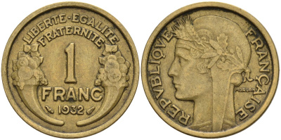 Франция 1 франк 1932 KM 885, Le Franc 219.2 алюминиевая бронза 4142-821
