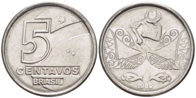 БРАЗИЛИЯ 5 СЕНТАВО 1989 РЕФОРМА 1989-1990 KM 612 нержавеющая сталь 105-318