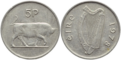 ИРЛАНДИЯ 5 ПЕНСОВ 1978 БЫК KM 22 медно-никель 4397-142