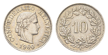 Швейцария 10 раппенов 1960 B KM 27 медно-никель 4708-213
