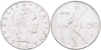 ИТАЛИЯ 50 ЛИР 1968 R, КУЗНЕЦ KM 95.1 нержавеющая сталь 4523-647