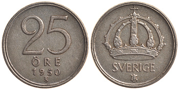 Швеция 25 эре 1950 TS, Густав V (1907-1950) KM 816 серебро 4179-867