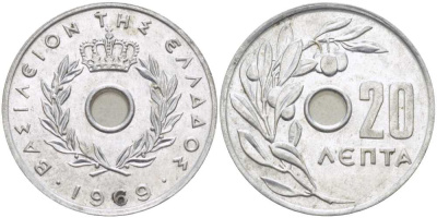Греция 20 лепта 1969 Константин II (1964-1974), оливковая ветвь KM 79 алюминий UNC 28-934