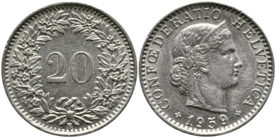 ШВЕЙЦАРИЯ 20 РАППЕНОВ 1959 В KM 29а медно-никель 4539-611