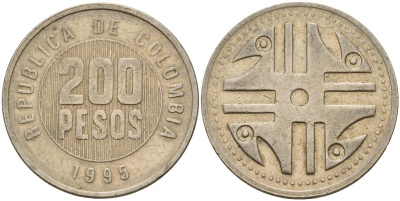 Колумбия 200 песо 1995 KM 287 медь никель цинк 4163-1134