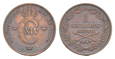 Швеция 1/3 скиллинга банко 1837 Карл XIV Юхан (1818-1844) KM 640 бронза 603-732