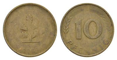 ФРГ 10 пфеннигов 1950 D КМ 108, J. 383 сталь плакированная латунью 4651-534