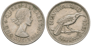 Новая Зеландия 6 пенсов 1963 Елизавета II (1952-2022) KM 26.2 медно-никель 4621-213