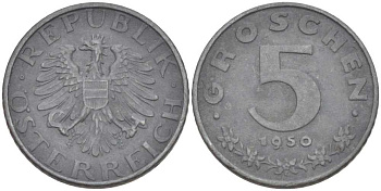 АВСТРИЯ 5 ГРОШЕЙ 1950 ПОСЛЕВОЕННАЯ ДЕСЯТИЧНАЯ ЧЕКАНКА KM 2875 цинк 201-217