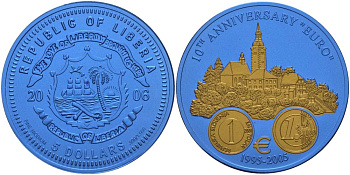 Либерия 5 долларов 2005 10 лет евро, страны не присоединившиеся к еврозоне, Словения, монеты с сертификатом, би-колор (два цвета), вес 7,78 гр., диаметр 35 мм.  ниобий  UNC  1066-9-24