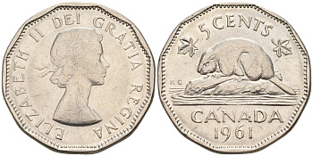 Канада 5 центов 1961 Елизавета II (1952-), бобр KM 50а никель 4591-213