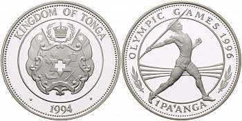 Тонга 1 паанга 1994 XXVI Олимпийские игры 1996 года в Атланте, копьеметатель KM 159 серебро PROOF 11-313-25