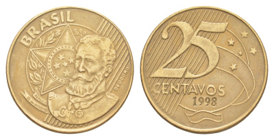 Бразилия 25 сентаво 1998 KM 650 сталь плакированная латунью 4642-1115