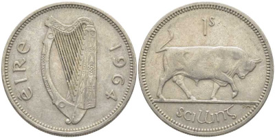 ИРЛАНДИЯ 1 ШИЛЛИНГ 1964 БЫК KM 14а медно-никель 113-345