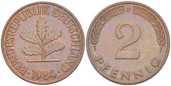 ФРГ 2 ПФЕННИГА 1984 D KM 106а, J. 381а сталь плакированная сталь плакированная медьюю 4181-848