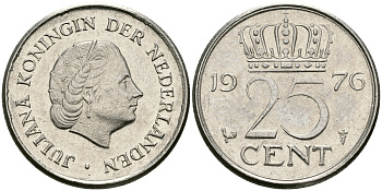 НИДЕРЛАНДЫ 25 ЦЕНТОВ 1976 ЮЛИАНА KM 183 никель 96-242