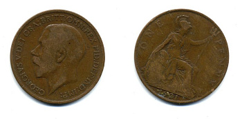 Великобритания 1 пенни 1921 Георг V (1910-1936) KM 810, Spink 4051 бронза 47-545