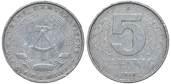 ГДР 5 пфеннигов 1968 A KM 9.1 алюминий 62-214